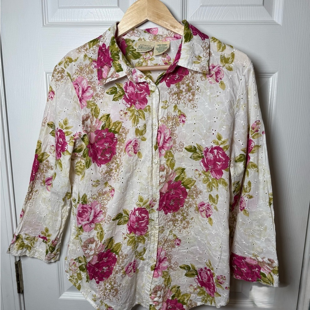 St. John’s Bay Floral Embroidery Long Sleeve Button Front Womens L Feminine Soft
